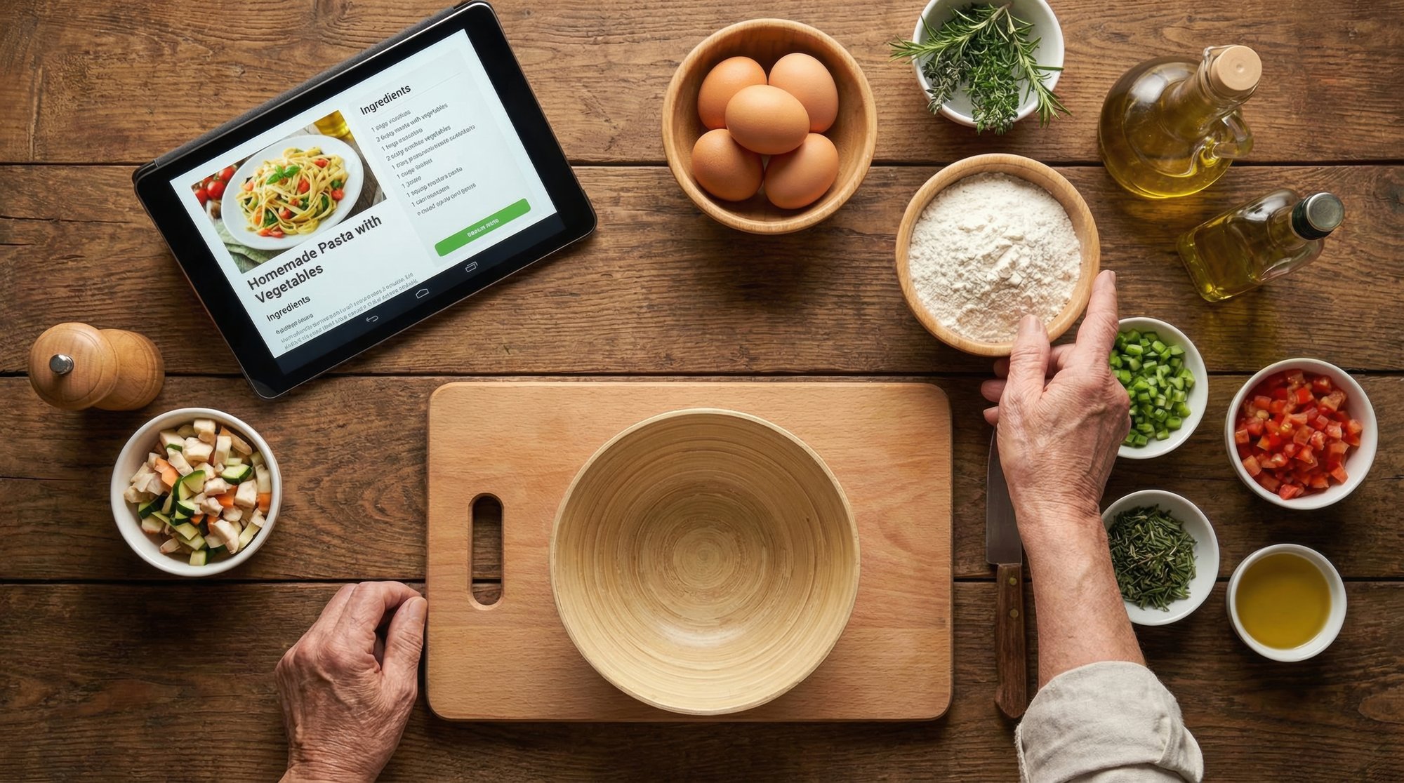 Instructor preparing ingredients on wooden table