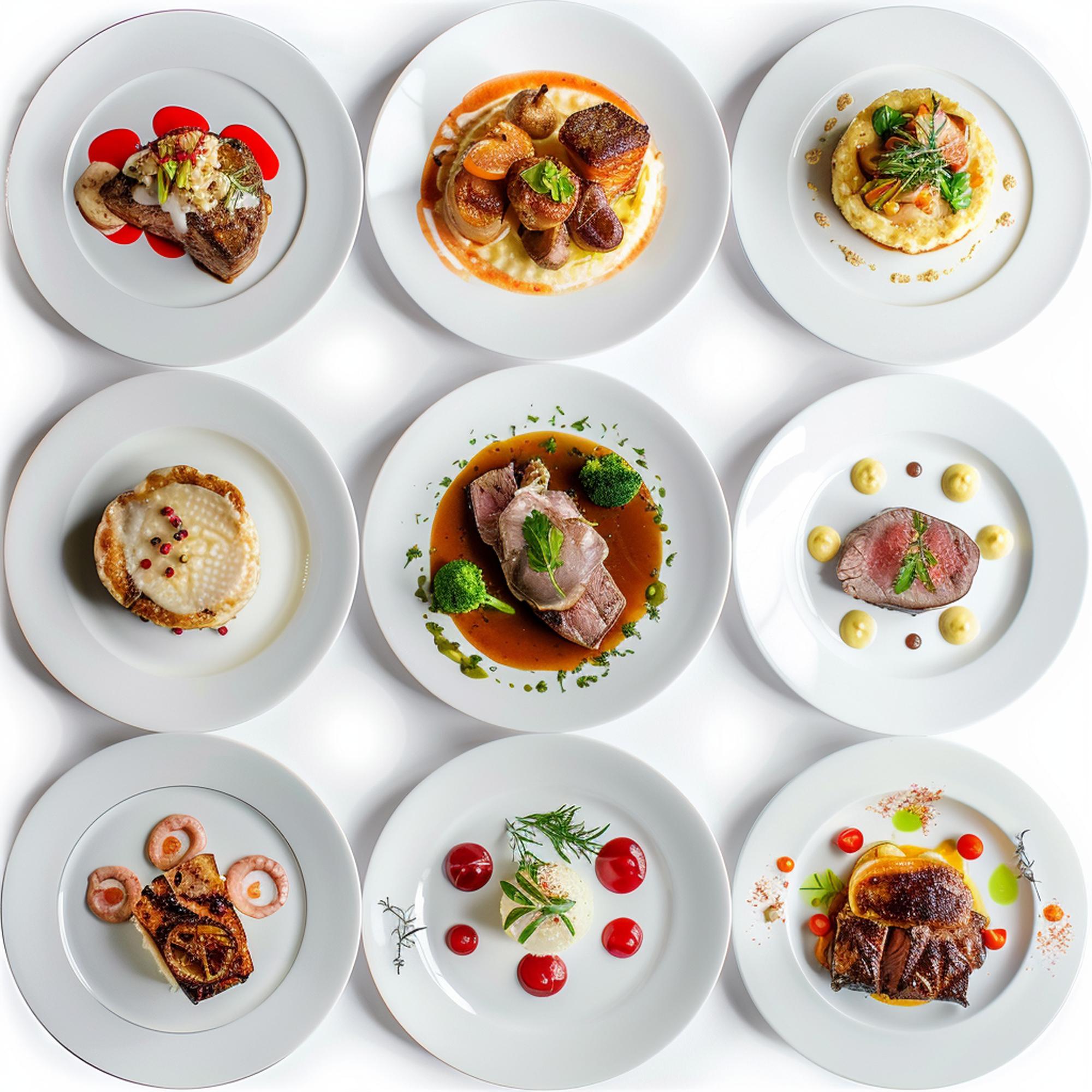Collection of plated dishes in a clean studio
